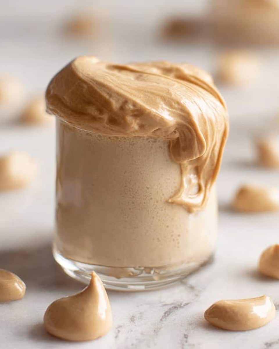 The image shows a small clear glass filled with a smooth, light brown creamy froth that overflows, dripping down the side of the glass. The foam appears soft and airy with a slightly shiny texture. Surrounding the glass on a white marbled surface are scattered beige or light brown chickpeas, adding a natural touch. The background is softly blurred, focusing attention on the frothy glass in the center. Photo taken with an iphone --ar 4:5 --v 7