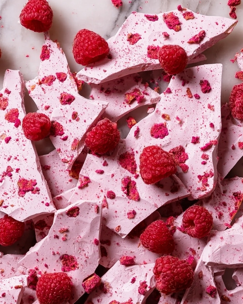 The image shows many broken pieces of light pink bark with uneven shapes and rough edges, scattered across a white marbled surface. Each piece has small bits of red raspberry mixed inside, giving the bark a textured look with red spots. There are also whole dried raspberries placed randomly among the bark pieces, adding bright red color contrast to the pale pink background. The overall scene looks messy yet colorful, with the bark pieces overlapping slightly and showing their thick, solid texture. photo taken with an iphone --ar 4:5 --v 7