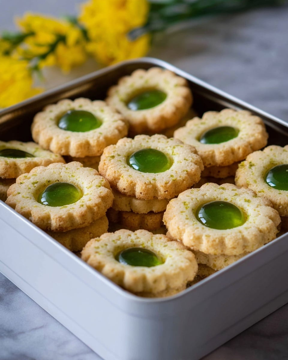 A white rectangular tin box holds multiple stacks of round cookies with scalloped edges, each cookie having a hollow center filled with bright green jelly. The cookies are pale golden with small green specks scattered on top. The stacks are neatly arranged inside the box, showing about three to four cookies per stack. The scene is set on a white marbled surface with blurred lemon halves and green leaves in the background, adding a fresh feel. Photo taken with an iphone --ar 4:5 --v 7