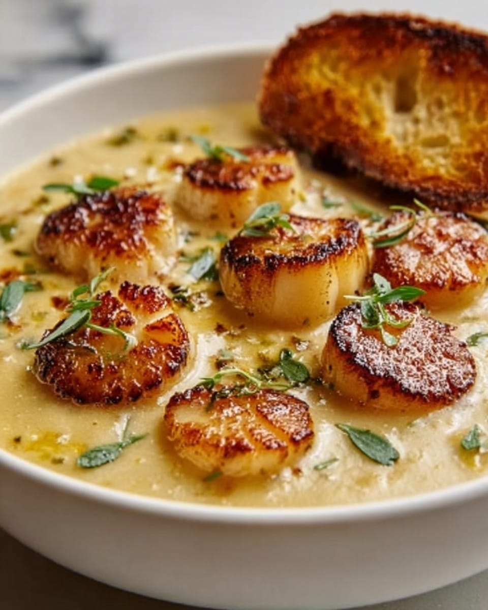 The image shows a white bowl filled with creamy scallops in a light yellow sauce. The scallops are golden brown on top with slight char marks, scattered evenly on the sauce. Small green herbs are sprinkled on top, adding a fresh look. In the background, a piece of bread is partly visible resting on the edge of the bowl. The whole scene is set on a white marbled surface, with soft natural light highlighting the textures. Photo taken with an iphone --ar 4:5 --v 7
