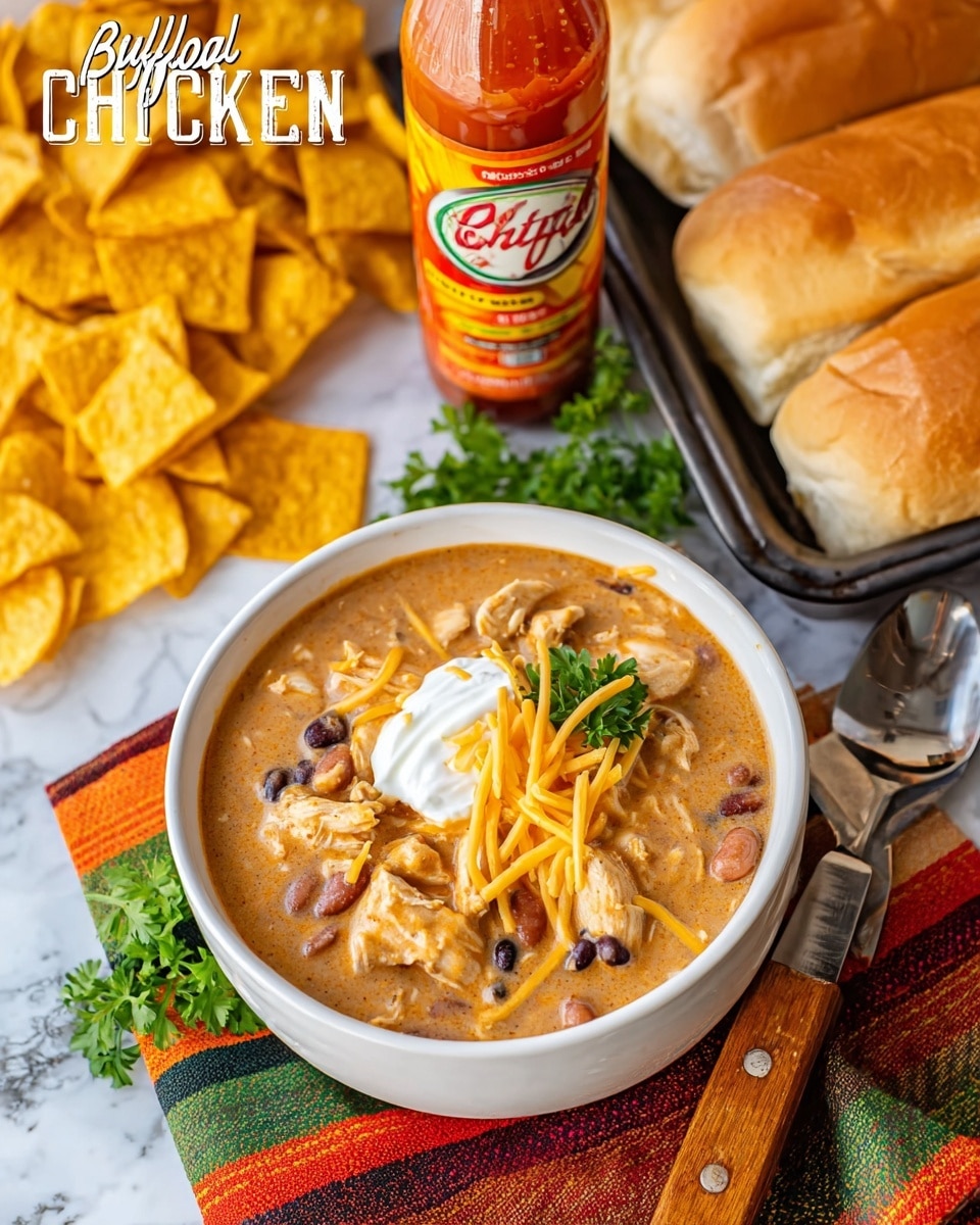 A white bowl filled with buffalo chicken chili sits on a colorful striped cloth over a white marbled surface. The chili has a creamy, light brown base, mixed with visible black beans and pieces of chicken. On top, there is a swirl of bright orange buffalo sauce, a dollop of white sour cream, and a heap of shredded yellow cheddar cheese. Fresh green parsley leaves garnish the bowl’s edge. Nearby, there are nacho chips spilling out of an open bag and a black tray holding four golden toasted breadsticks. A bottle of red hot sauce is visible in the background. A spoon with a wooden handle rests on the surface to the right of the bowl. Photo taken with an iphone --ar 4:5 --v 7