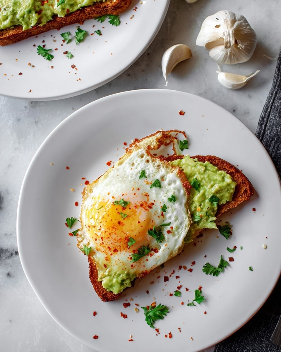 A white plate with two food layers is shown on a white marbled surface. The bottom layer is a piece of toasted bread covered by a smooth, bright green spread of mashed avocado. On top, there is a fried egg with white edges and a golden-yellow center. Small flakes of red pepper and green parsley leaves are sprinkled over both the egg and avocado. In the background, there are garlic bulbs and peeled cloves. photo taken with an iphone --ar 4:5 --v 7