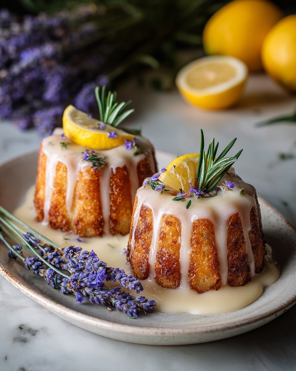 Two small bundt cakes with a golden brown, slightly crispy outer layer sit side by side on a white oval plate with a light grey center. Each cake has smooth white glaze dripping down the sides, pooling on the plate. On top of each cake there is a small yellow lemon wedge and green sprigs of rosemary, along with tiny purple lavender flowers scattered across the glaze. To the left of the plate, there is a small bunch of fresh lavender sprigs resting on the plate, and in the background, whole yellow lemons and more lavender flowers create a soft, out-of-focus backdrop on a white marbled surface. photo taken with an iphone --ar 4:5 --v 7
