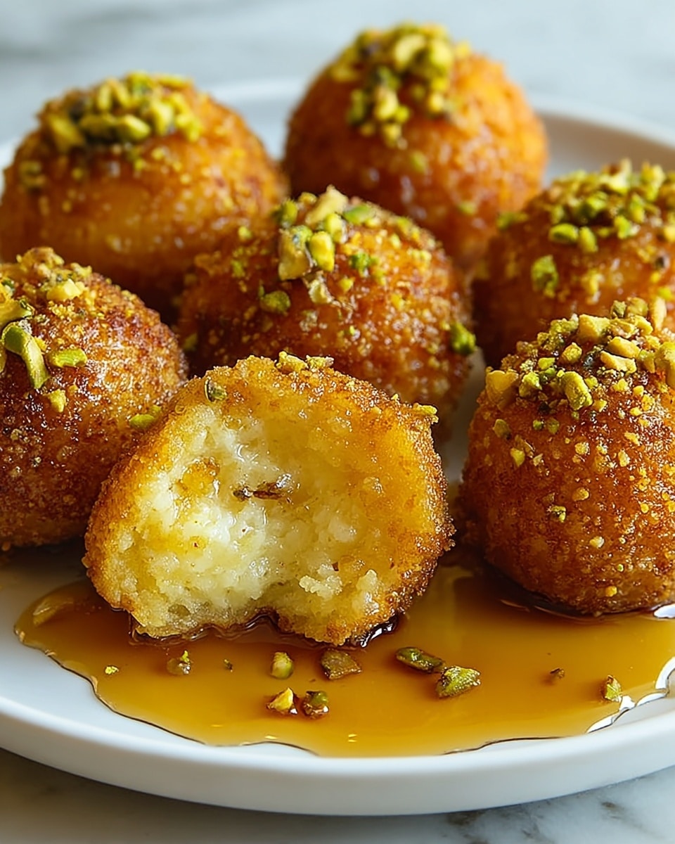 The image shows seven round golden-brown fried balls arranged on a white plate with a white marbled texture underneath. Each ball has a crunchy textured outer layer covered in a light brown crumb coating and sprinkled with small green pistachio pieces. One ball is cut in half revealing a creamy white inside with bits of pistachio scattered within and a golden syrup flowing out onto the plate, pooling slightly around the base. The syrup reflects light and looks sticky and sweet. photo taken with an iphone --ar 4:5 --v 7