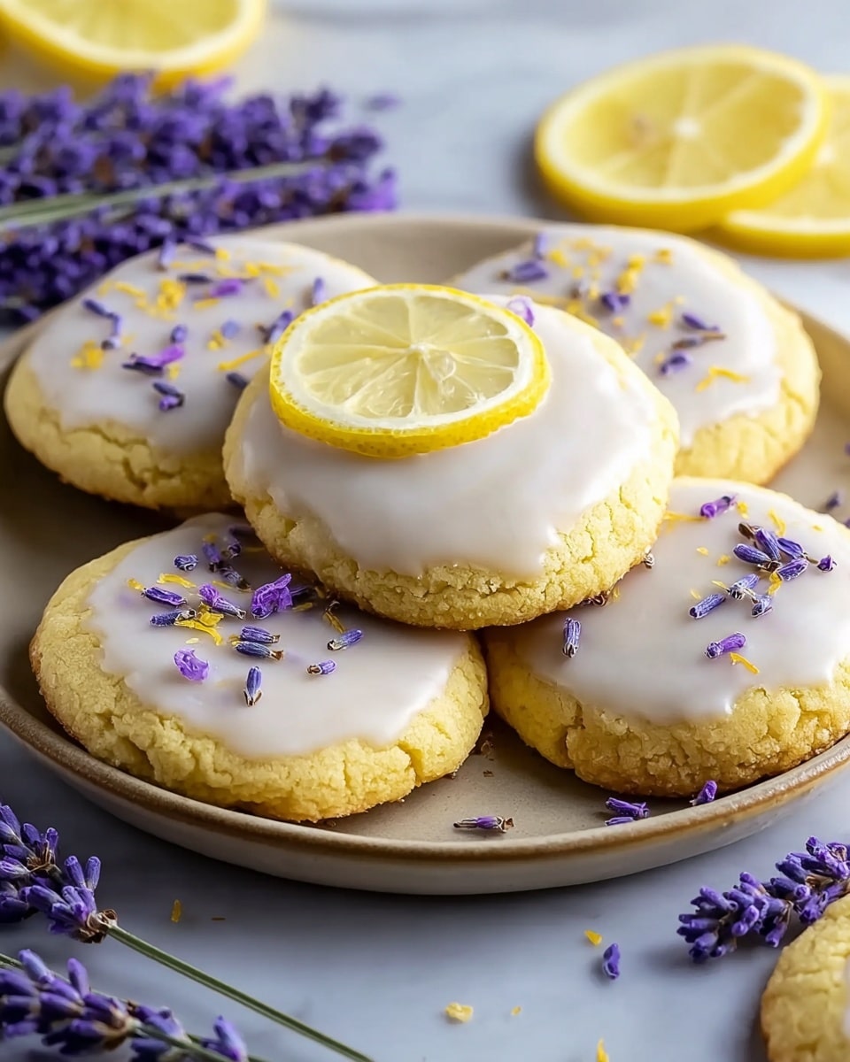 A round white plate holds seven soft yellow cookies with a slightly cracked texture. Each cookie is topped with a smooth, pale white icing layer that covers the top surface. One cookie in the center stands out with a thin lemon slice placed on top of the icing, decorated with small purple lavender buds scattered across all the cookies and the lemon slice. Around the plate, thin slices of bright yellow lemon and sprigs of purple lavender flowers add color against the white marbled background. photo taken with an iphone --ar 4:5 --v 7