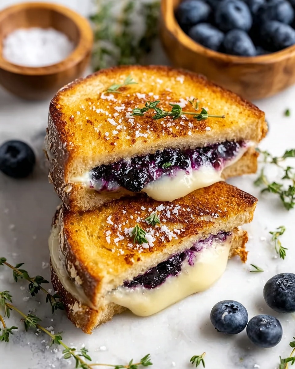 Two grilled sandwich halves are shown on white marbled texture, each made of golden brown toasted bread with visible seeds on the crust. Inside, a thick layer of melted white cheese is mixed with juicy, dark purple blueberries. The top of the sandwiches are sprinkled with coarse salt crystals and small sprigs of green thyme. Around the sandwiches, fresh blueberries and thyme leaves add extra color, and in the background, small wooden bowls hold more blueberries and coarse salt. Photo taken with an iphone --ar 4:5 --v 7