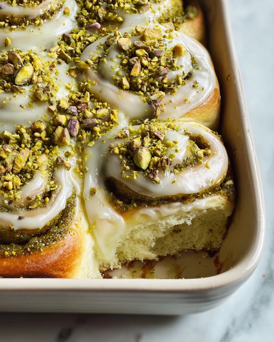 A close-up of four cinnamon rolls in a white baking dish on a white marbled texture surface, with one roll missing showing a soft, fluffy, thick white dough inside. Each roll has three visible layers: the base layer is golden brown bread, the middle layer is greenish pistachio filling, and the top layer is creamy white icing swirled thickly over the rolls with coarsely chopped pistachio nuts sprinkled generously on top. The rolls look soft and rich with the icing slightly melting down the sides. Photo taken with an iphone --ar 4:5 --v 7