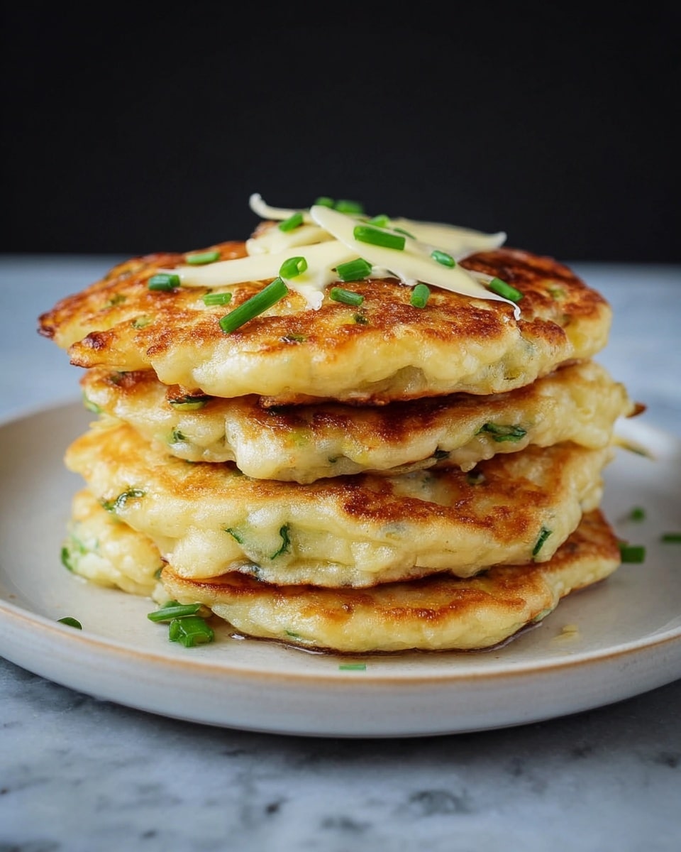 A stack of four thick, golden-brown pancakes with green herbs mixed inside each layer sits on a white speckled plate. The pancakes have a slightly crispy texture on the edges and look soft inside with visible bits of green chives. The top pancake is garnished with small pieces of pale yellow butter and more chopped green chives, creating a fresh and appetizing look. The plate rests on a white marbled surface with a dark blurred background. photo taken with an iphone --ar 4:5 --v 7