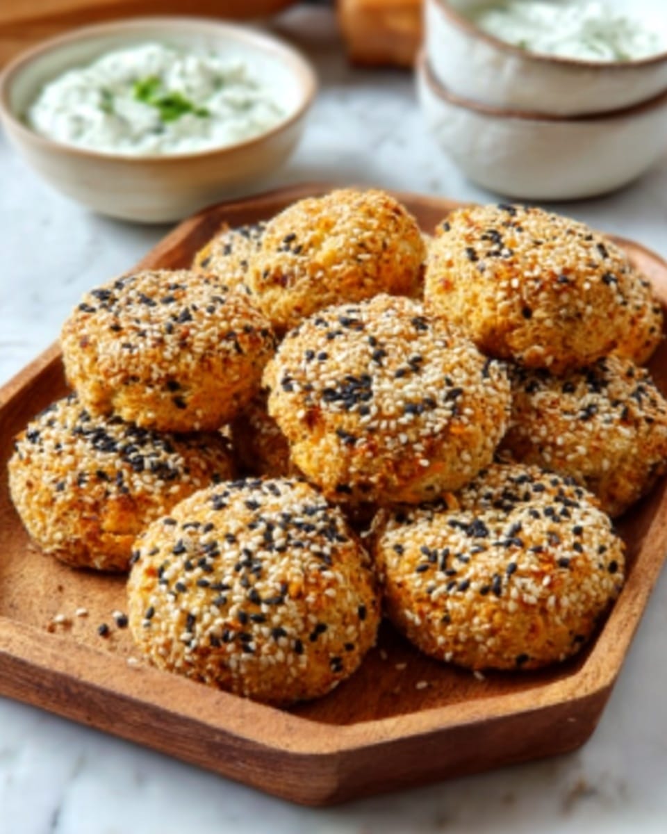The image shows a wooden board with eight golden brown baked balls covered in sesame and black seeds, arranged in two rows. The balls have a crispy texture with small bits of orange visible inside. Behind the board, there are three stacked white bowls with a creamy white sauce topped with green herbs inside. The background surface is a white marbled texture. photo taken with an iphone --ar 4:5 --v 7