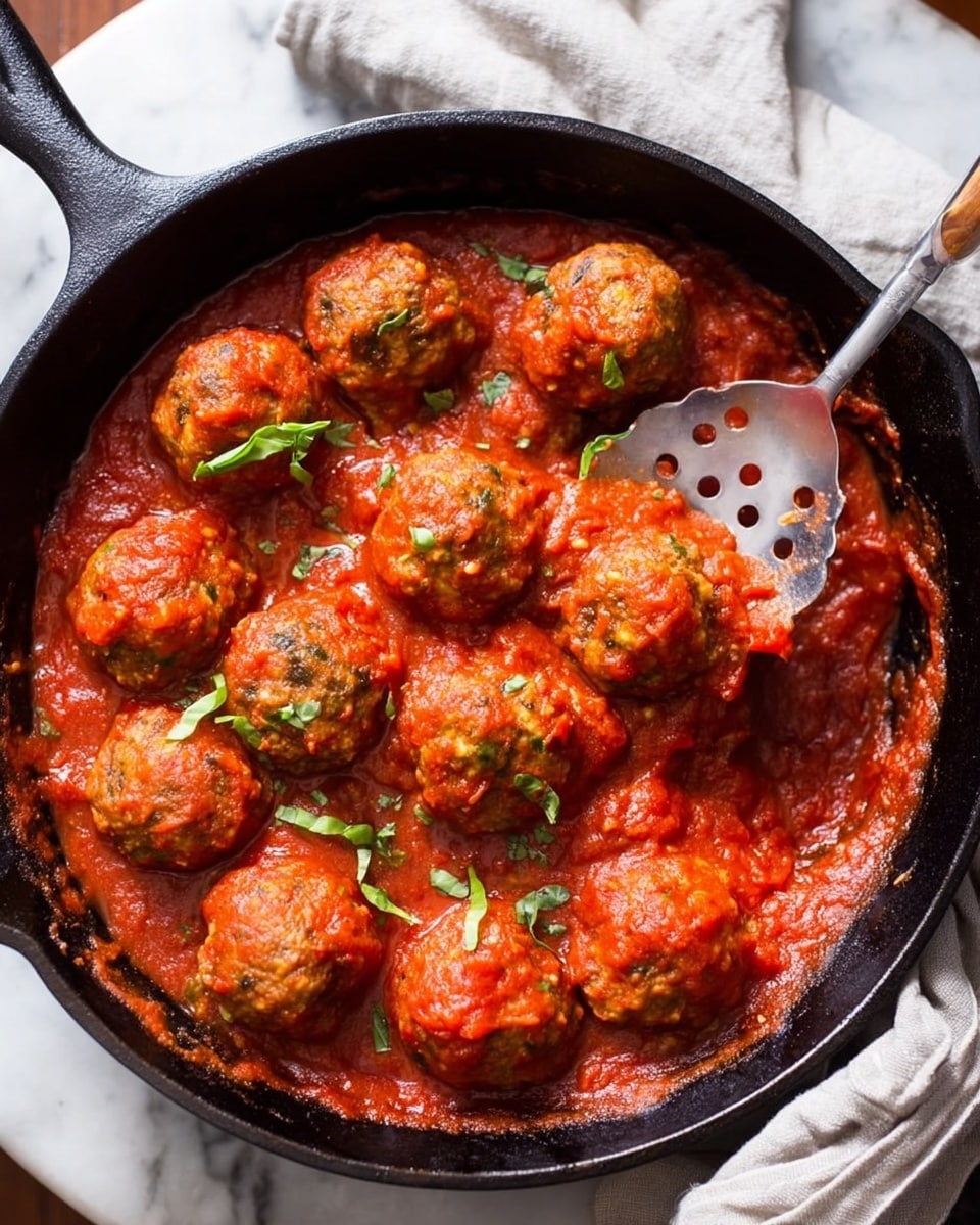 The image shows a black cast iron pan filled with thick, bright red tomato sauce as the base layer. On top, there are around eleven golden-brown meatballs partially covered in the sauce, with some herbs scattered across for a fresh touch. A silver slotted spatula is lifting one meatball slightly, revealing its texture and juices. The pan is placed on a white marbled surface with a light gray cloth napkin folded on the right side. Photo taken with an iphone --ar 4:5 --v 7