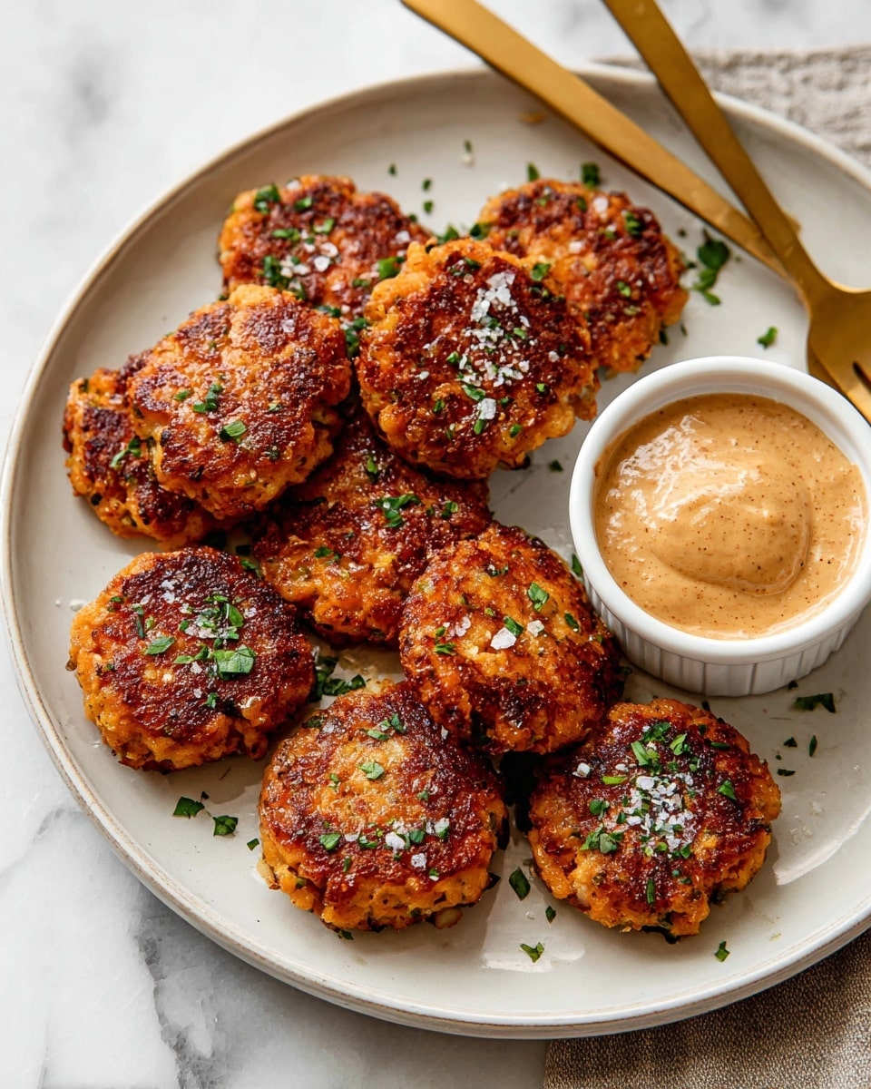 A white plate holds eleven golden-brown, crispy, fried patties with uneven, crunchy textures and small bits of herbs on top. The patties are sprinkled lightly with coarse salt and finely chopped green herbs. At the top center of the plate, there is a small white ramekin filled with a creamy, light brown sauce that looks thick and slightly grainy. Next to the ramekin, two gold-colored utensils—a fork and a spoon—are gently resting on the plate's edge. The plate sits on a surface with a white marbled texture. Photo taken with an iphone --ar 4:5 --v 7