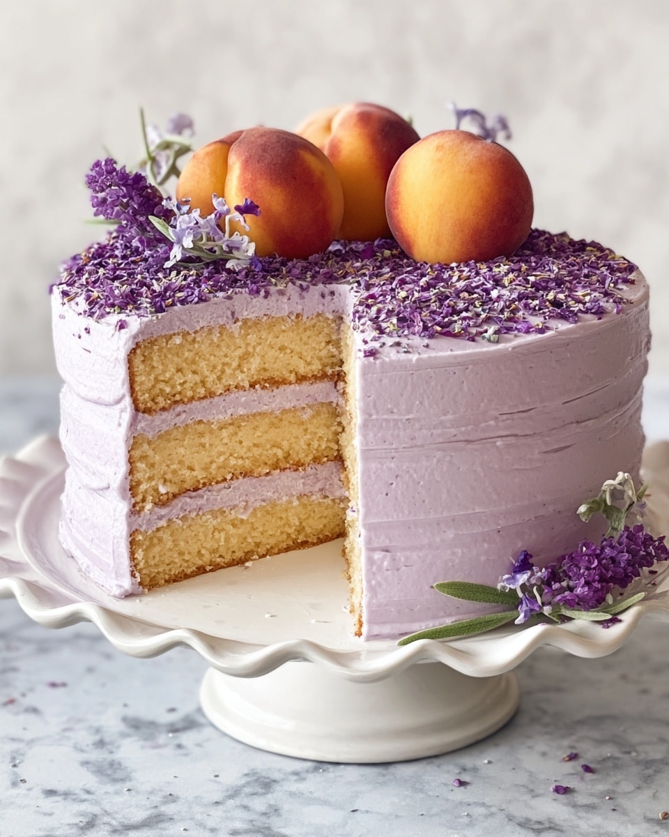 A three-layer cake with light beige sponge and pale lavender frosting between each layer and around the sides. The top is covered with small purple flower petals densely spread out, while the edges have smooth, wavy frosting texture. On the top center, there are four fresh peaches arranged vertically, surrounded by sprigs of purple flowers and green leaves. Some of the purple flowers also decorate the base edge of the cake. The cake is on a tall white cake stand, placed on a white marbled surface. Photo taken with an iphone --ar 4:5 --v 7