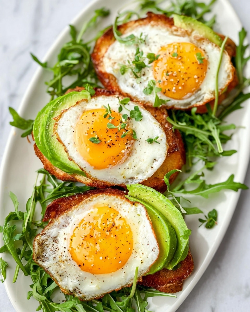 The image shows three pieces of toasted bread arranged on a white plate, each topped with three layers: the bottom layer is a crispy golden-brown toast, the middle layer consists of fresh green avocado slices, and the top layer has a fried egg with a bright yellow yolk and white edges sprinkled with black pepper and small green herbs. Around the toast, fresh green arugula leaves with some rosemary sprigs add color and texture. The plate sits on a white marbled surface, giving a clean and fresh look. photo taken with an iphone --ar 4:5 --v 7
