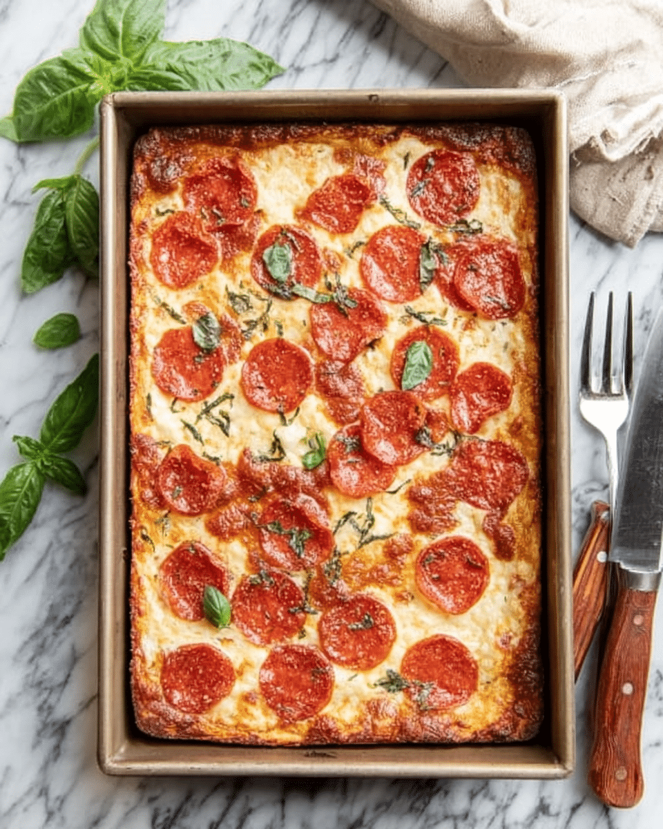 A rectangular pizza in a silver baking pan placed on a white marbled surface, topped with an even layer of melted golden cheese covering the entire base, scattered with round, bright red pepperoni slices across the surface. Thin strips of fresh green basil leaves are spread on top, adding contrast. The crust edges are golden brown and slightly raised. A fork and knife with brown handles rest to the right side of the pan on the white marbled surface, along with two fresh basil leaves placed nearby. A white cloth with soft folds is visible in the upper right corner. Photo taken with an iphone --ar 4:5 --v 7