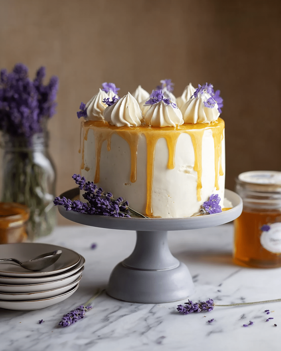 A round cake with smooth white frosting is placed on a white cake stand with a dark base. The cake has a thick layer of light yellow glaze dripping down the sides in uneven streams. On top, there are six evenly spaced white cream swirls, each topped with small purple flowers and a tiny yellow flower petal. To the right of the cake on the stand, there is a small bunch of purple flowers with green stems. The background shows a white marbled surface with a jar of honey and a glass vase with more purple flowers beside three stacked white plates with a golden spoon resting on top. Photo taken with an iphone --ar 4:5 --v 7