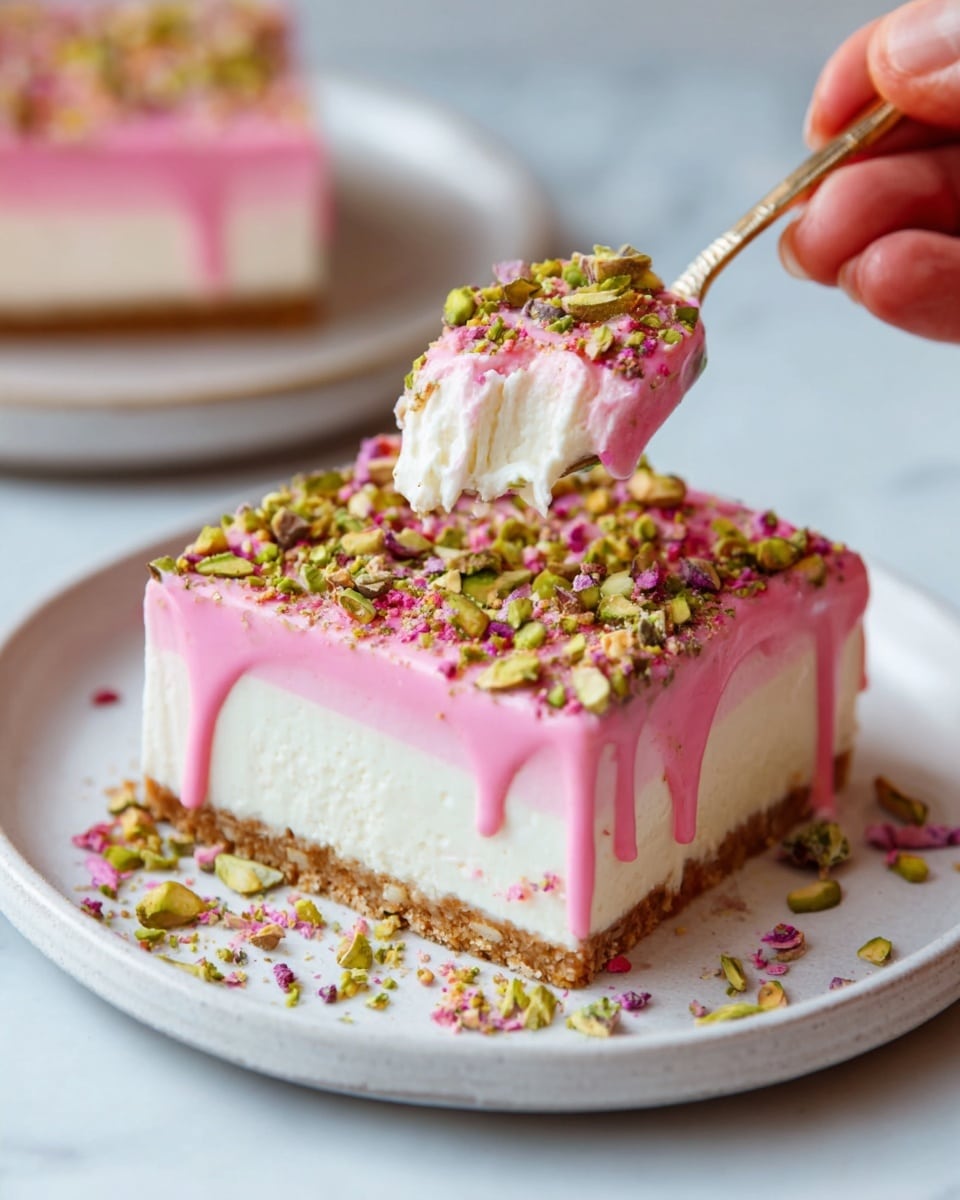 The image shows a square pink dessert slice on a white plate with a faint gold rim, sitting on a white marbled surface. The dessert has three clear layers: a crumbly brown base, a thick white middle layer that looks creamy, and a smooth pink top layer that slightly drips down the sides. On top, there are small green and dark pink bits sprinkled generously. A spoon held by a woman's hand is lifting a piece from the corner, with pink topping dripping softly back onto the dessert. Photo taken with an iphone --ar 4:5 --v 7