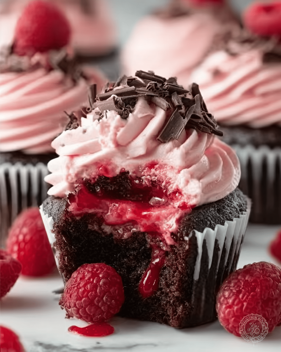 A dark chocolate cupcake with a white paper liner, topped with thick, swirled pink frosting. On top of the frosting are small shavings of dark chocolate and fresh raspberries. The center of the cupcake is cut open, showing a glossy, deep red raspberry filling inside. The cupcake sits on a white marbled surface with a few whole raspberries scattered around it. In the background, there are more cupcakes with the same pink frosting and raspberries. The photo taken with an iphone --ar 4:5 --v 7