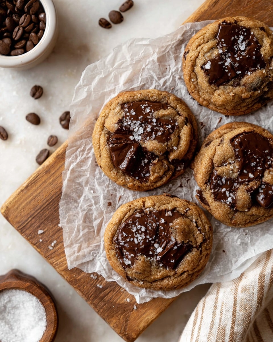 Five round, golden-brown cookies with melted dark chocolate chunks scattered on top are arranged closely on a sheet of crumpled white parchment paper on a wooden cutting board. The cookies have a slightly cracked, soft texture with small salt flakes sprinkled on them, adding a bit of sparkle. Around the board, there are a few loose cookie crumbs and scattered coffee beans, with a small white bowl filled with coarse salt nearby. The background is a white marbled surface with a striped beige cloth partially visible on the top left. Photo taken with an iphone --ar 4:5 --v 7