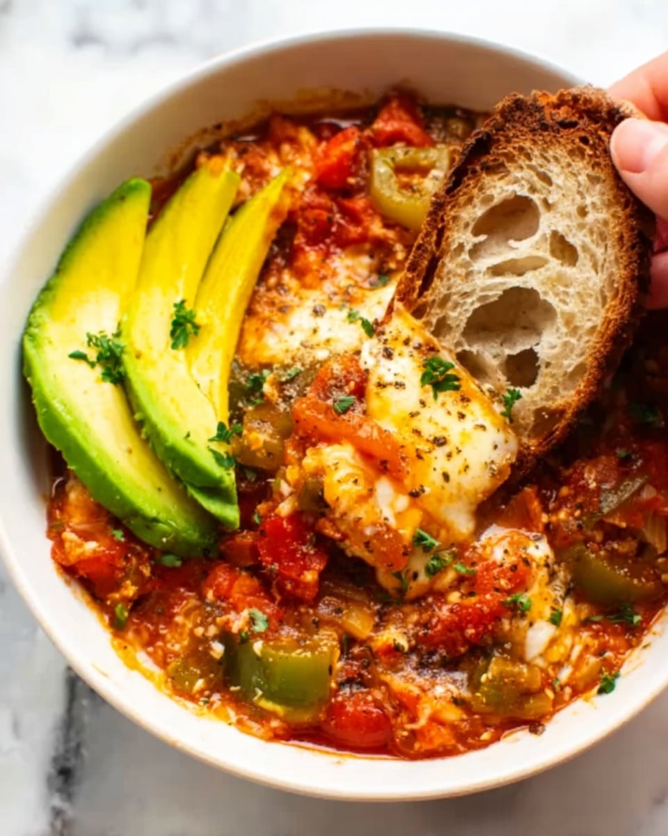The image shows a white bowl filled with a colorful stew that has red tomato sauce mixed with chopped green peppers and softened onions. There is a poached egg visible in the middle with its white gently cooked and the yolk slightly runny. On the right side, there are several slices of fresh avocado placed on top of the stew, their bright green color contrasting with the red sauce. A woman's hand is holding a piece of crusty brown bread with large air holes, dipping it into the stew on the left side. The bowl is placed on a white marbled surface. Photo taken with an iphone --ar 4:5 --v 7