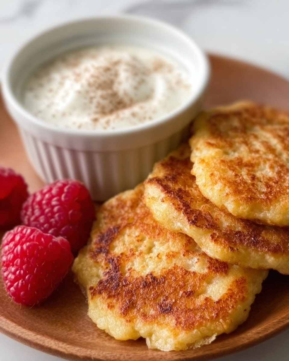 The image shows several golden brown, crispy-fried fritters stacked slightly overlapping on a white plate, with the fritters' rough, textured surfaces showing small air pockets and uneven edges. To the side of the fritters, there is a small white ramekin filled with smooth, white creamy sauce sprinkled lightly with black pepper. Behind the ramekin, two fresh, bright red raspberries add a pop of color against the white marbled texture background. Photo taken with an iphone --ar 4:5 --v 7