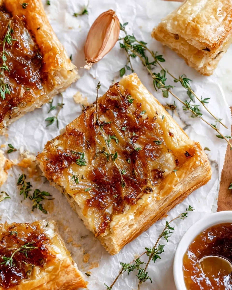 The image shows a close-up of square puff pastry slices layered with a golden-brown flaky crust at the base, topped with a thick layer of caramelized onions that have a glossy, rich amber color and soft texture. Small green thyme leaves are scattered on top, adding a touch of fresh color. A small white bowl filled with chunky, amber-colored chutney sits nearby on the white marbled surface. Pieces of raw onion and sprigs of thyme are also scattered around the pastries on white parchment paper, enhancing the rustic and fresh look of the scene. photo taken with an iphone --ar 4:5 --v 7