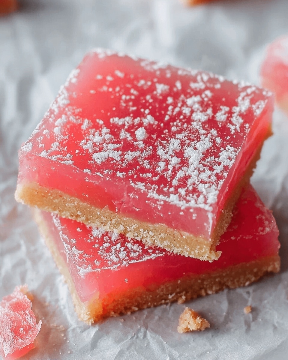 The image shows two square dessert bars stacked slightly on a white marbled surface with crumpled parchment paper underneath. Each bar has two layers: the bottom layer is a light beige crumbly crust with a sandy texture, and the top layer is a thick, glossy, translucent red jelly-like topping, sprinkled evenly with a light dusting of white powdered sugar. The bars have clean, sharp edges, and small pieces of the red topping are scattered around. The lighting is soft and natural, highlighting the shine on the red layer. Photo taken with an iphone --ar 4:5 --v 7