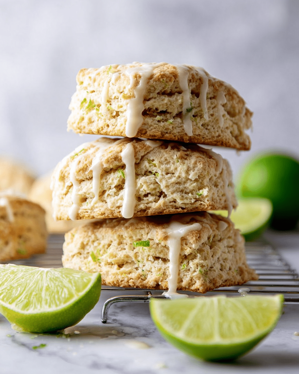 A stack of three thick, golden-brown scones with a crumbly texture sits on a silver cooling rack. The top two scones are cut in half, revealing a soft, fluffy inside with bits of lime zest, and all three are drizzled with a glossy white icing that gently flows down the sides. In the foreground, there are two bright green lime wedges resting on a surface with a white marbled texture. The background is simple and light gray, allowing the scones to stand out clearly. photo taken with an iphone --ar 4:5 --v 7