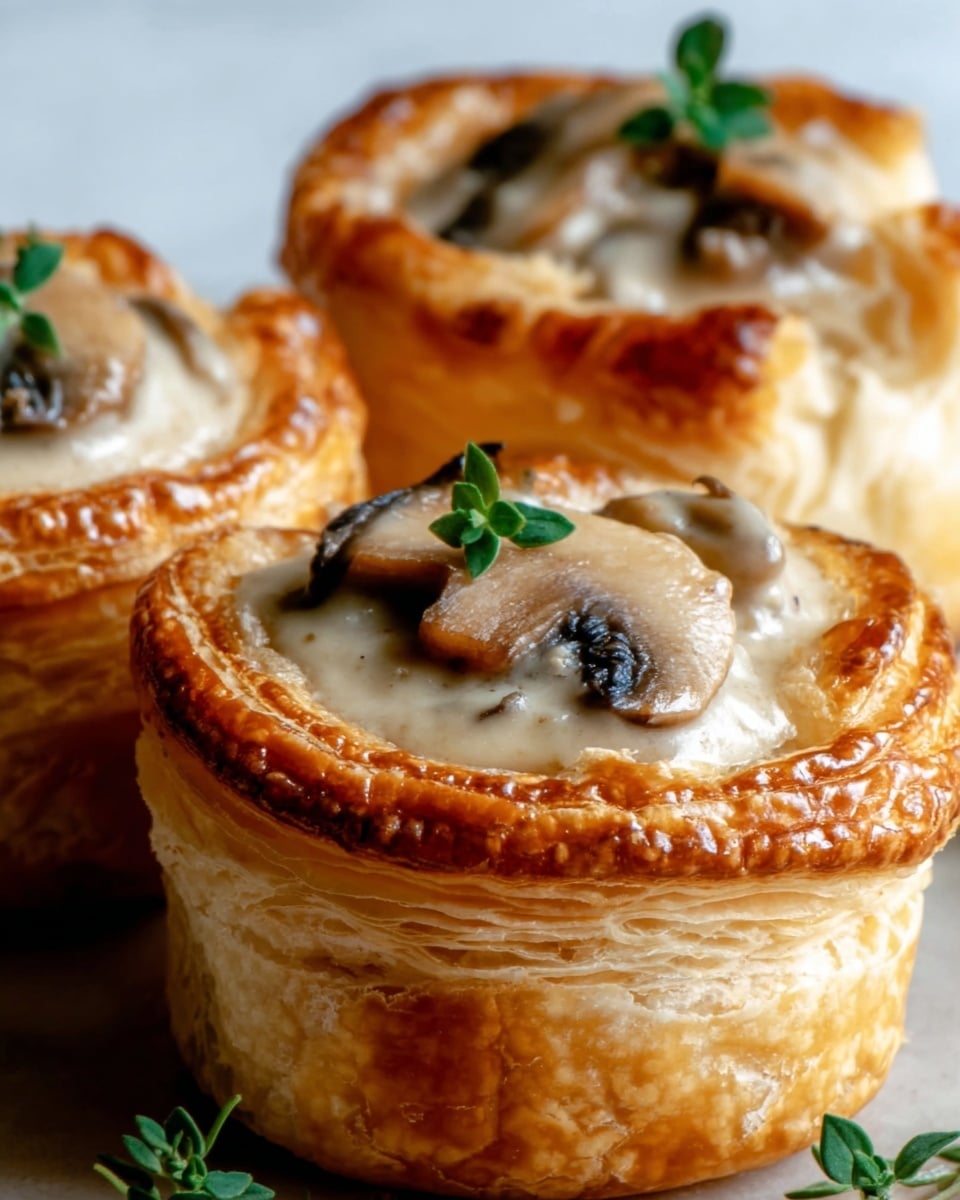 The image shows a close-up of four small, round puff pastry cups on a white marbled surface, each filled with creamy mushroom sauce. Each pastry cup has multiple flaky golden layers that are crispy on the outside and soft inside. The filling is light beige with visible sliced brown mushrooms and a smooth, creamy texture. Some cups have small green herb garnishes on top. The lighting highlights the shiny, slightly glossy finish of the puff pastry and the richness of the sauce. Photo taken with an iphone --ar 4:5 --v 7