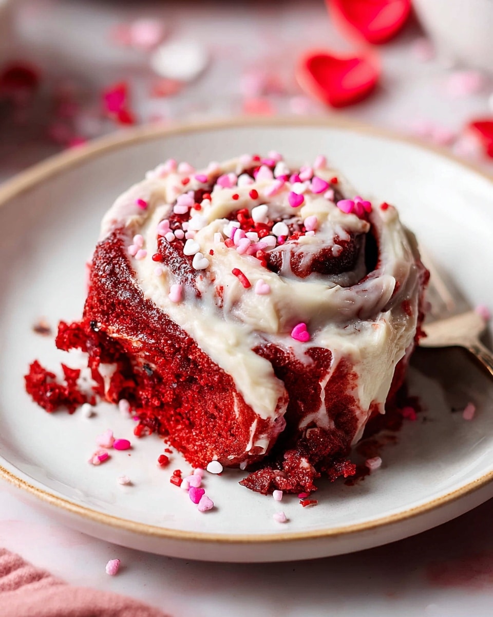 A single red velvet cinnamon roll sits in the center of a white plate with a thin gold rim. The roll has multiple spiral layers, showing a deep red color with a soft, moist texture. It is generously coated with a creamy white icing that drips over the sides, decorated with small pink, red, and white heart-shaped and round sprinkles scattered on top. The plate rests on a white marbled surface with a few sprinkles scattered around. A silver fork is positioned to the right of the roll, partially touching it, with a small bite taken out of the roll. Photo taken with an iphone --ar 4:5 --v 7