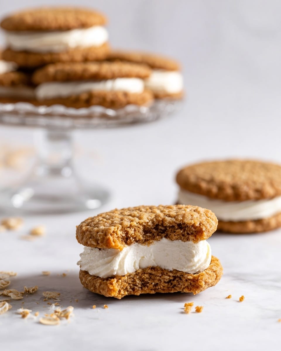 The image shows several oat cookie sandwiches with a creamy white filling in the middle, placed on a white marbled surface. In the foreground, there is one oat cookie sandwich with a bite taken out, showing two rough-textured, golden-brown oat cookie layers on top and bottom, with a thick, soft, white creamy layer in the center. In the background, more cookie sandwiches are stacked on a white cake stand with a clear glass base, and a few sandwiches lie scattered on the surface. The overall color palette is warm with brown and white contrasted against the white marbled texture. photo taken with an iphone --ar 4:5 --v 7