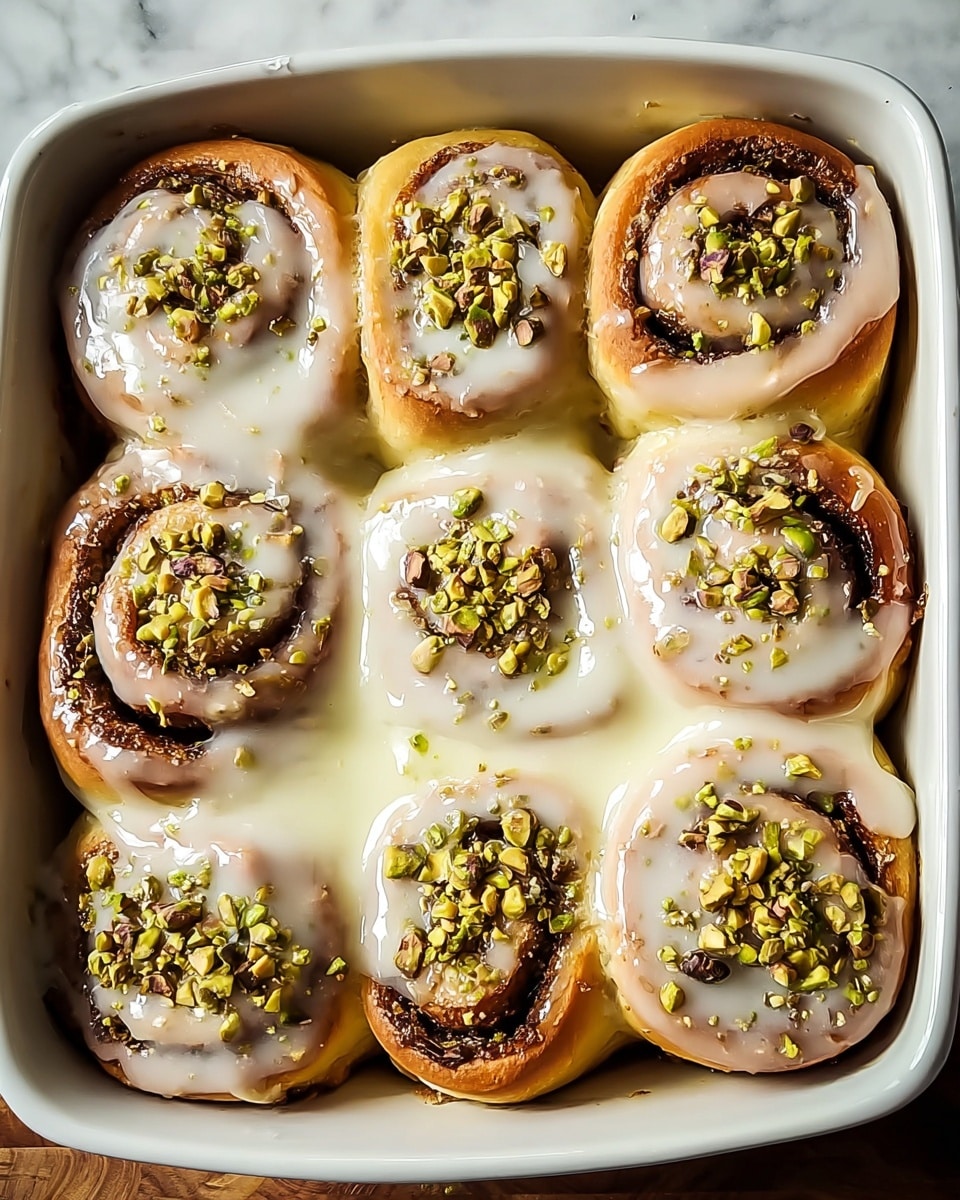 The image shows a white square baking dish filled with eight golden-brown cinnamon rolls covered in thick white icing that drips slightly down their sides. Each cinnamon roll has a visible swirl with a dark filling that looks textured and speckled with chopped green pistachio nuts and crumbs on top. The icing is smooth and creamy, pooling a little between the rolls. The dish sits on a wooden surface, which is changed in description to a white marbled texture. Photo taken with an iphone --ar 4:5 --v 7