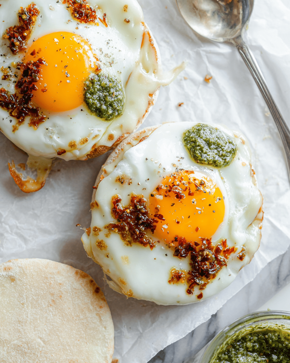 Pesto Egg Sandwich with Provolone and Chili Onion Crunch Recipe - Recipe Image