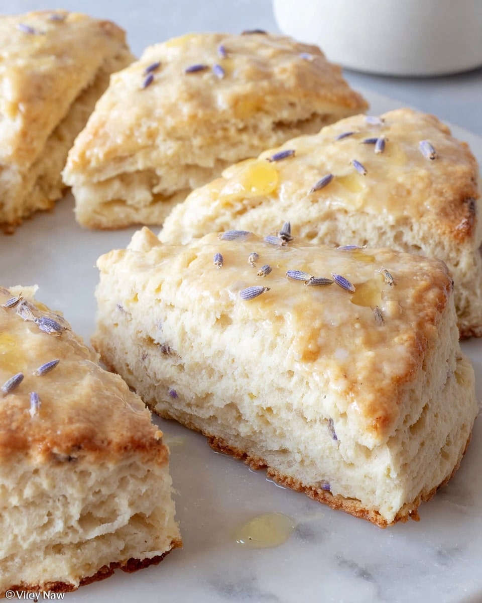 The image shows a close-up of a round scone cut into eight triangular pieces arranged in a circle on a white plate. Each scone piece has a soft, fluffy inside with a light golden-brown crust on the outside, speckled with small bits of orange zest and tiny purple lavender flowers. The texture looks crumbly but moist, with a shiny glaze on top that adds a slight gloss. The background is a white marbled surface with a blurred white bowl and utensils in the top part of the image. photo taken with an iphone --ar 4:5 --v 7