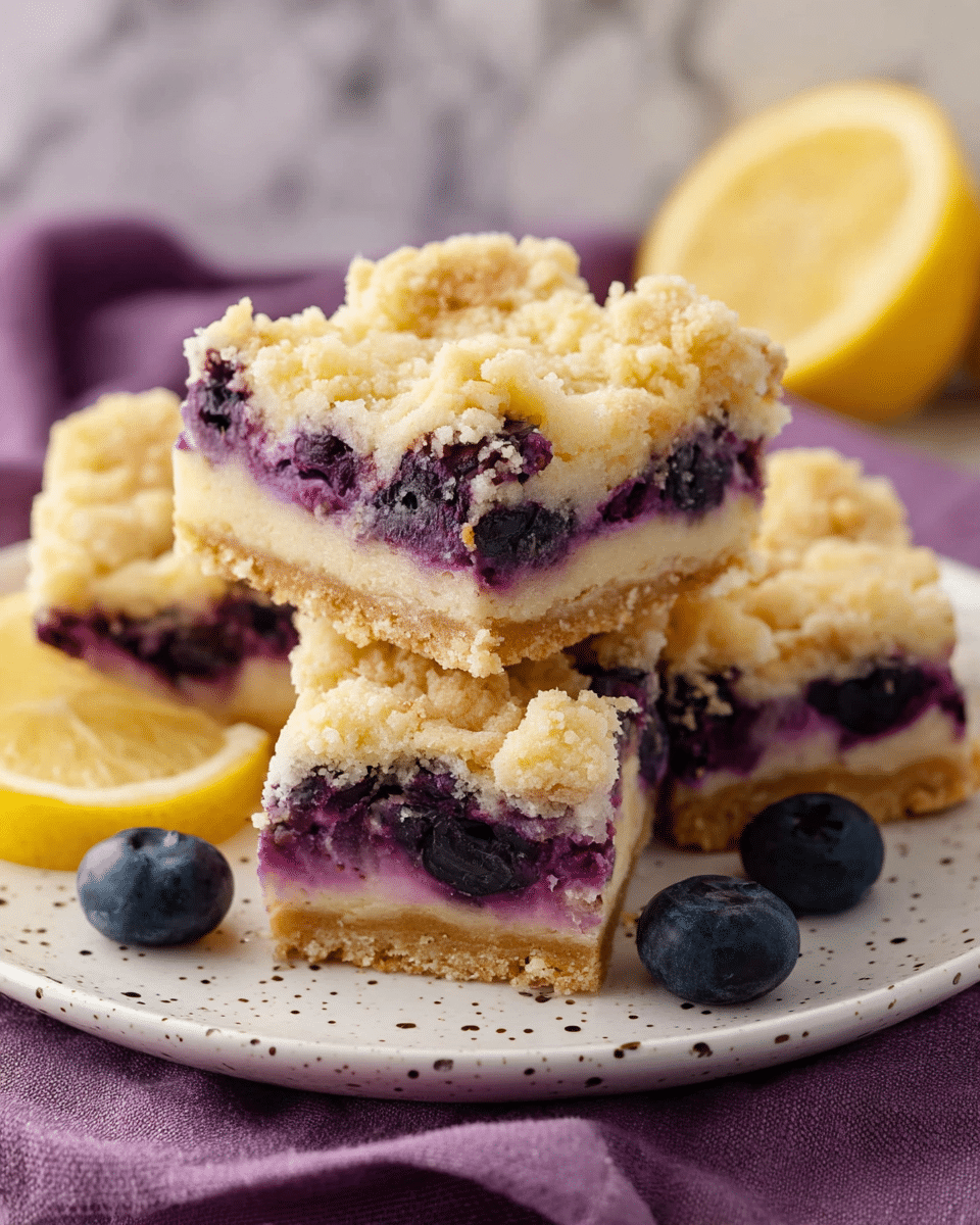 This image shows four square pieces of a blueberry dessert bar on a white plate with small dark specks. Each bar has three layers: a light golden brown crumbly crust on the bottom, a thick middle layer filled with whole blueberries and creamy pale purple filling, and a crumbly, light yellow topping with a rough texture. Around the plate are two fresh whole blueberries and a slice of lemon. The plate is set on a purple cloth with a white marbled surface in the background. photo taken with an iphone --ar 4:5 --v 7