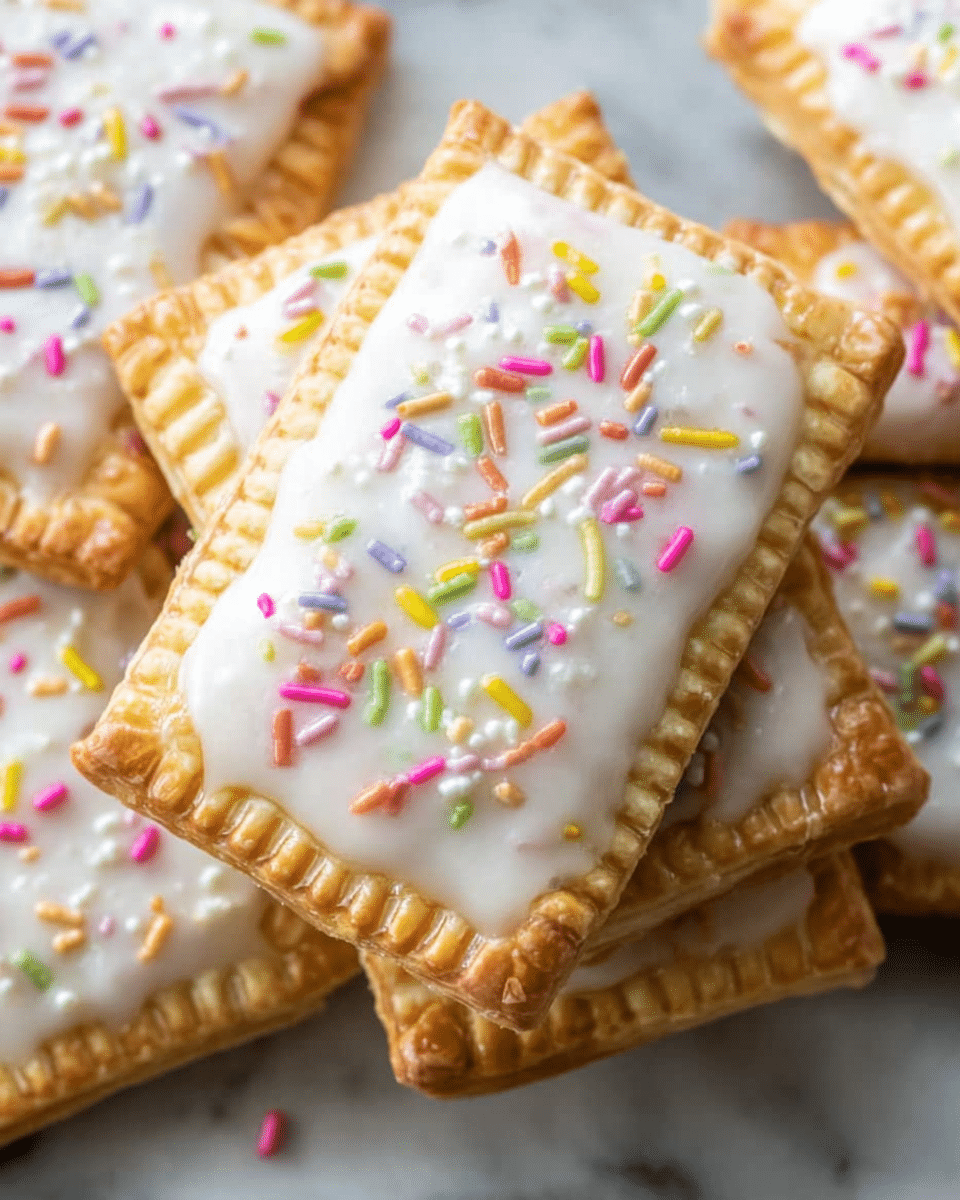 A close-up view of several rectangular pop tarts stacked on each other, each having a golden brown crust with crimped edges as the first layer; on top, a creamy white icing layer covers most of the surface, showing a smooth texture with slightly scalloped edges; colorful thin sprinkle pieces in pink, yellow, green, blue, and red are spread evenly over the icing; the pop tarts sit on a surface with white marbled texture. photo taken with an iphone --ar 4:5 --v 7