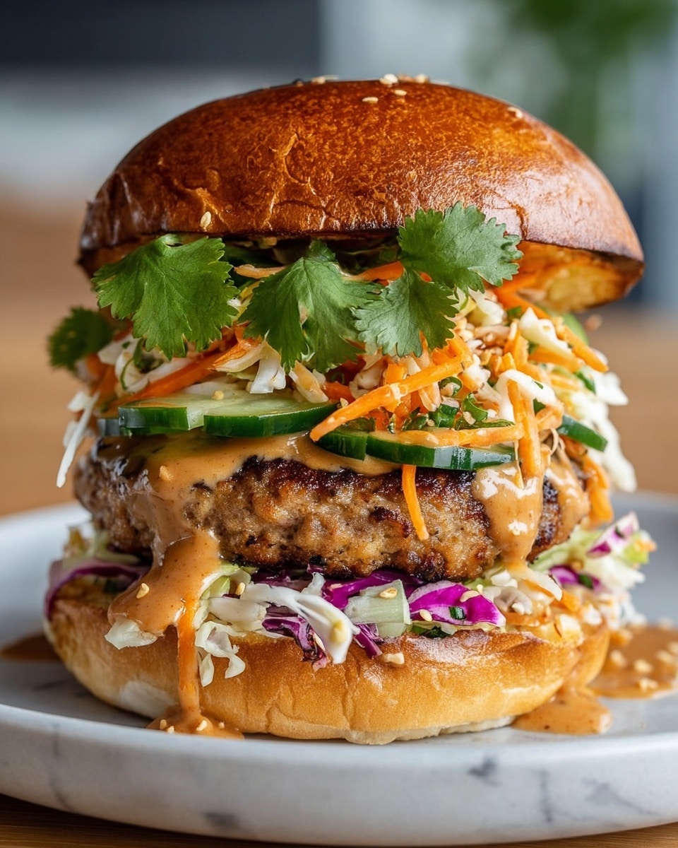 A close-up of a stacked burger with six visible layers, set on a white plate against a white marbled texture. The bottom layer is a toasted bun, golden brown with a soft texture. Above it is a mix of finely shredded white cabbage, orange carrot strips, and thin purple cabbage pieces. On top of this is a layer of fresh, green cucumber slices. The next layer is a thick, juicy, browned grilled patty with visible herbs inside. Drizzled over the patty is a light brown sauce that also touches the layers below and above. Above the sauce are shredded orange carrots mixed with white, thin vegetable strips, topped with fresh green cilantro leaves. The top layer is a glossy, toasted brown bun slightly cracked on the surface. photo taken with an iphone --ar 4:5 --v 7