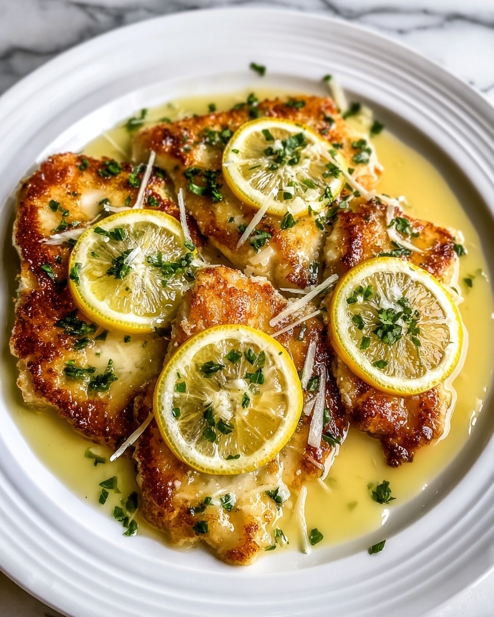 The image shows a white plate with four golden-brown grilled fish fillets arranged close together. Each fillet is topped with one or two thin, translucent lemon slices and finely chopped green herbs. A glossy, light yellow sauce surrounds the fillets, pooling slightly on the plate. The surface of the fish looks crispy, and the sauce gives a shiny, moist look to the dish. Small shreds of white garnish, possibly grated cheese or zest, are scattered on top along with the herbs. The background is a white marbled texture. Photo taken with an iphone --ar 4:5 --v 7