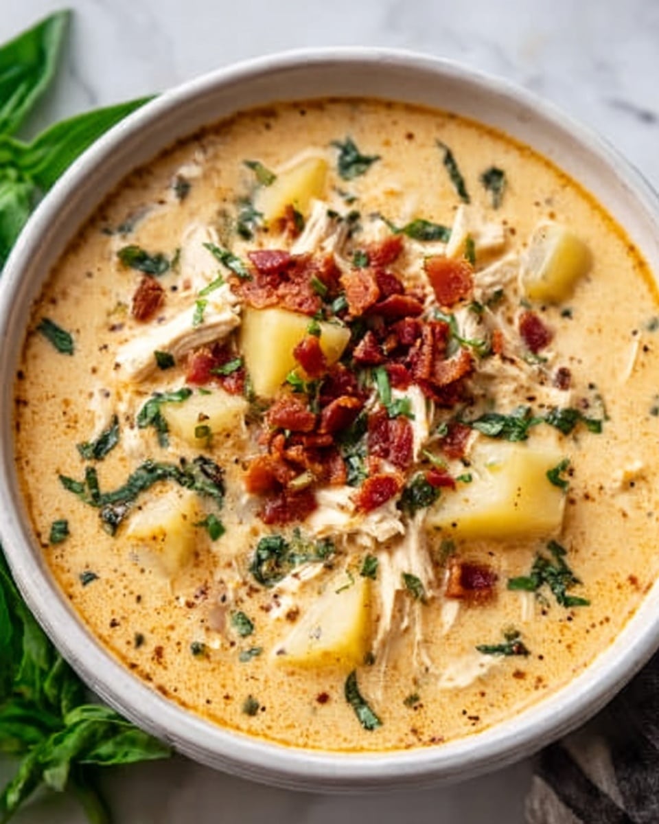 The image shows a white bowl filled with creamy soup that has a light orange color and a smooth texture. There are chunks of yellow potatoes and pieces of shredded white chicken mixed in the soup. On top, there are small red bacon bits and chopped green herbs sprinkled over the surface. The bowl is placed on a white marbled background with some green basil leaves around it. Photo taken with an iphone --ar 4:5 --v 7