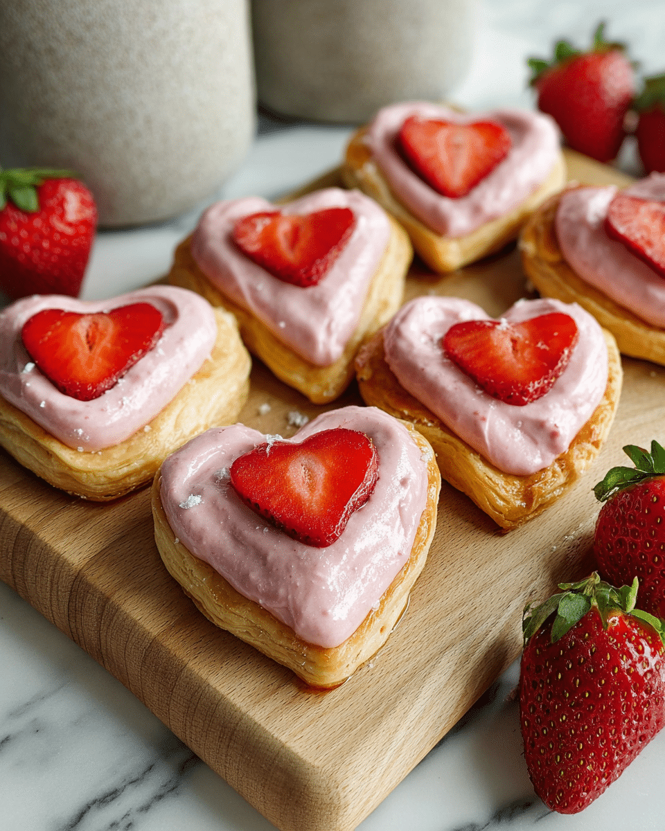 The image shows six heart-shaped pastries arranged on a wooden board over a white marbled surface. Each pastry has a golden flaky base, topped with a thick, smooth pink cream filling that slightly rises around the edges forming a soft border. On top of the pink cream are several small slices of fresh red strawberries, placed in a scattered pattern. Around the board, there are whole fresh strawberries with green leaves, adding vibrant red and green colors to the scene. The background features blurred white and gray stone-textured containers. Photo taken with an iphone --ar 4:5 --v 7