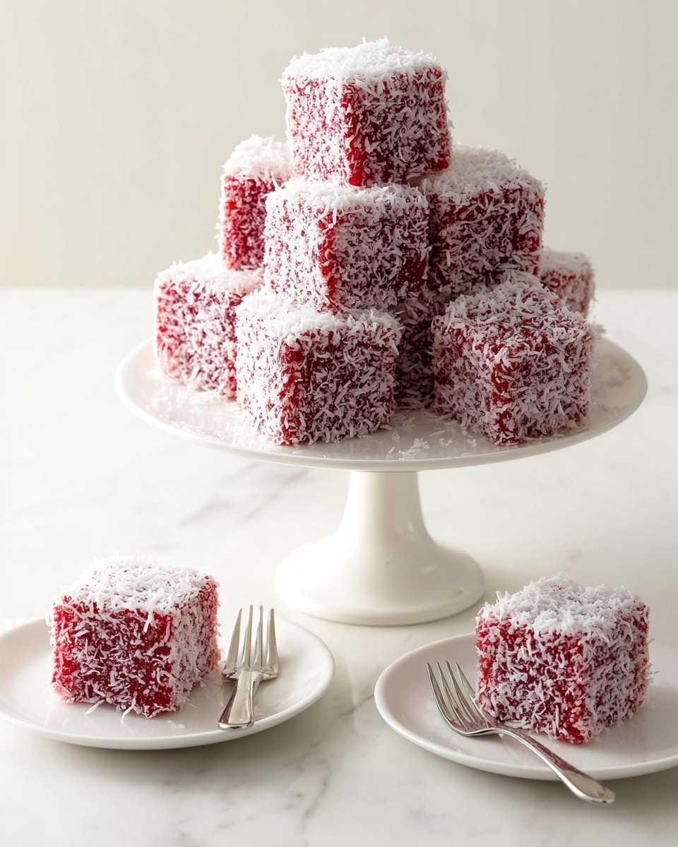 A group of red, cube-shaped sweets coated in white coconut flakes are stacked in a pyramid shape on a white cake stand in the center. Each cube has a soft texture visible beneath the coconut layer. Two cubes are placed separately on two small white round plates at the front, each with a silver fork beside it. The whole setup sits on a white marbled surface with a clean and bright background. photo taken with an iphone --ar 4:5 --v 7