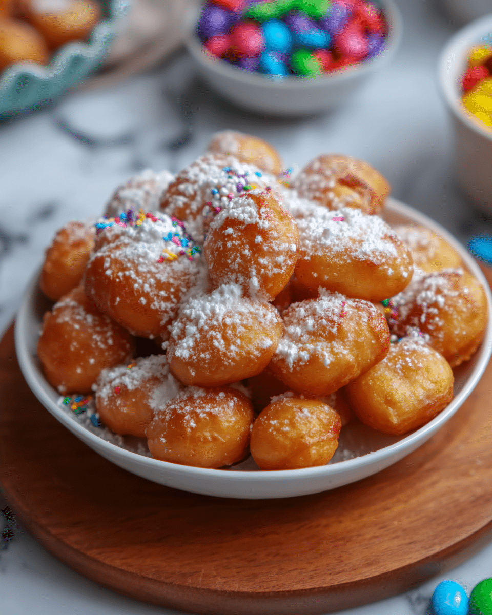 A white bowl filled with many small, round golden-brown doughnuts covered with a light dusting of white powdered sugar, sitting on a round wooden board. In the background, blurred colorful candies are visible. The overall setting has a clean, white marbled surface. Photo taken with an iphone --ar 4:5 --v 7
