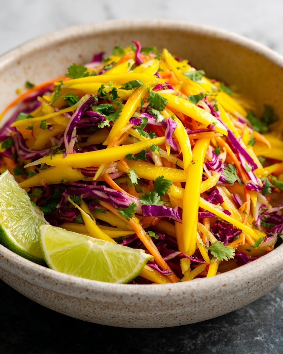A close-up of a bowl filled with a colorful salad, showing thin long strips of bright yellow mango, purple cabbage, and light orange carrots mixed together. Small green cilantro leaves are spread all over the top. The bowl is white and has a rough texture. Two lime wedges are placed near the edge of the bowl. The background has a white marbled texture. photo taken with an iphone --ar 4:5 --v 7