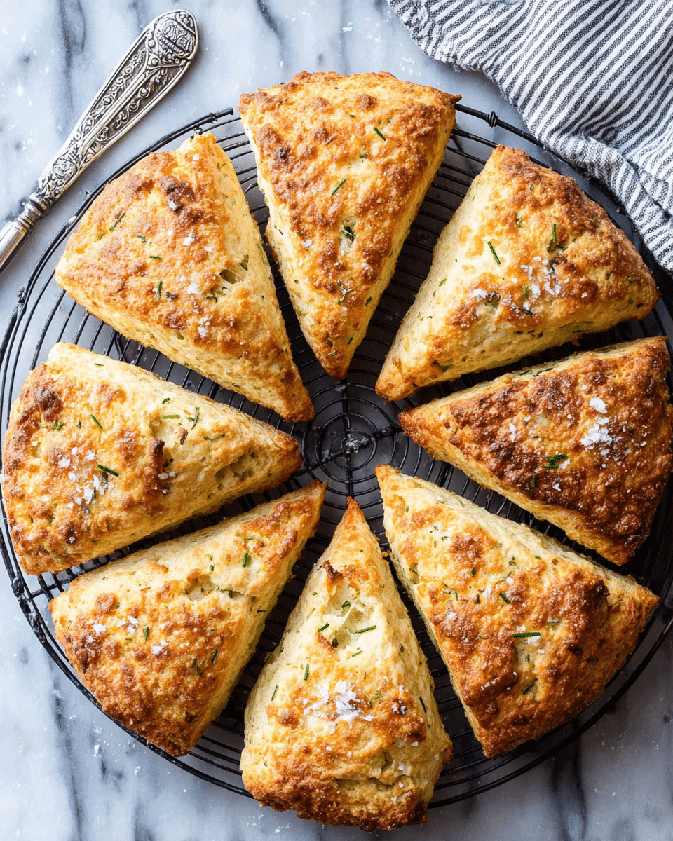 The image shows eight golden-brown scones arranged in a circle on a round black wire rack. Each scone is triangular with a slightly rough, crumbly texture and a crust sprinkled with coarse salt and small green herb pieces, likely chives. The scones have a rich color gradient, from darker brown on the edges to lighter golden in the center, highlighting their flaky layers. The background is a white marbled texture, and there is a silver spreader knife with a decorative handle placed to the top left of the frame. A striped cloth is partially visible in the upper right corner. photo taken with an iphone --ar 4:5 --v 7