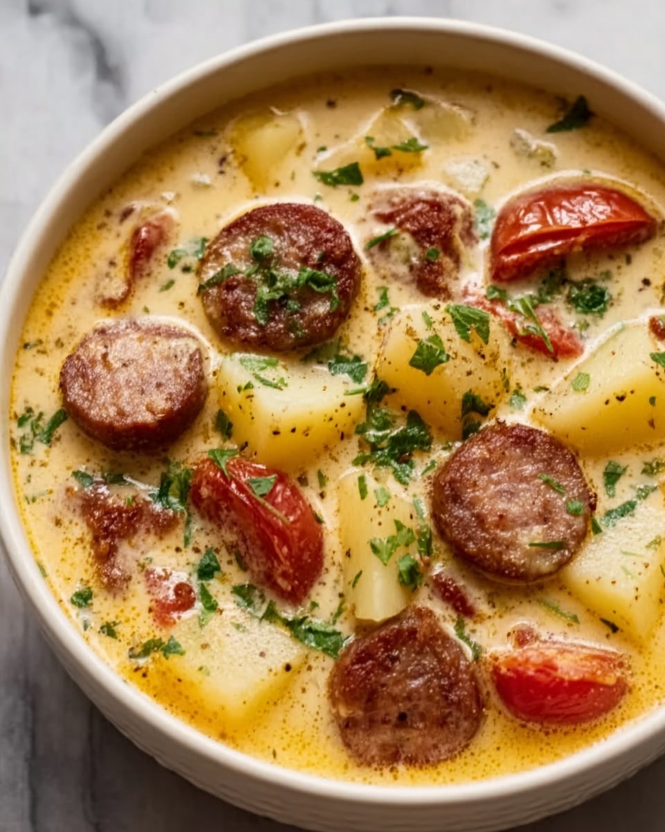 A white bowl filled with a creamy yellow soup that has a smooth texture and small specks of herbs. Floating on top are several round slices of browned sausage, red cherry tomatoes, and chunks of light yellow potatoes. The soup is sprinkled with finely chopped green herbs, adding contrast to the dish. The bowl sits on a white marbled surface. Photo taken with an iphone --ar 4:5 --v 7