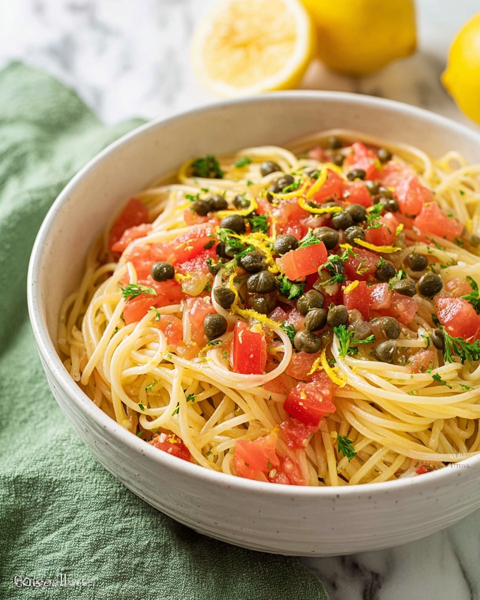 A white bowl filled with cooked spaghetti noodles forming the base layer, light yellow and smooth in texture. On top, small diced red tomatoes scattered evenly, adding bright pops of color. Dark green capers are spread throughout, along with fresh parsley leaves, adding green accents. Thin strands of yellow lemon zest are sprinkled over the top, providing a delicate contrast. The bowl rests on a white marbled surface with a green cloth nearby, and two lemon halves can be seen blurred in the background. photo taken with an iphone --ar 4:5 --v 7