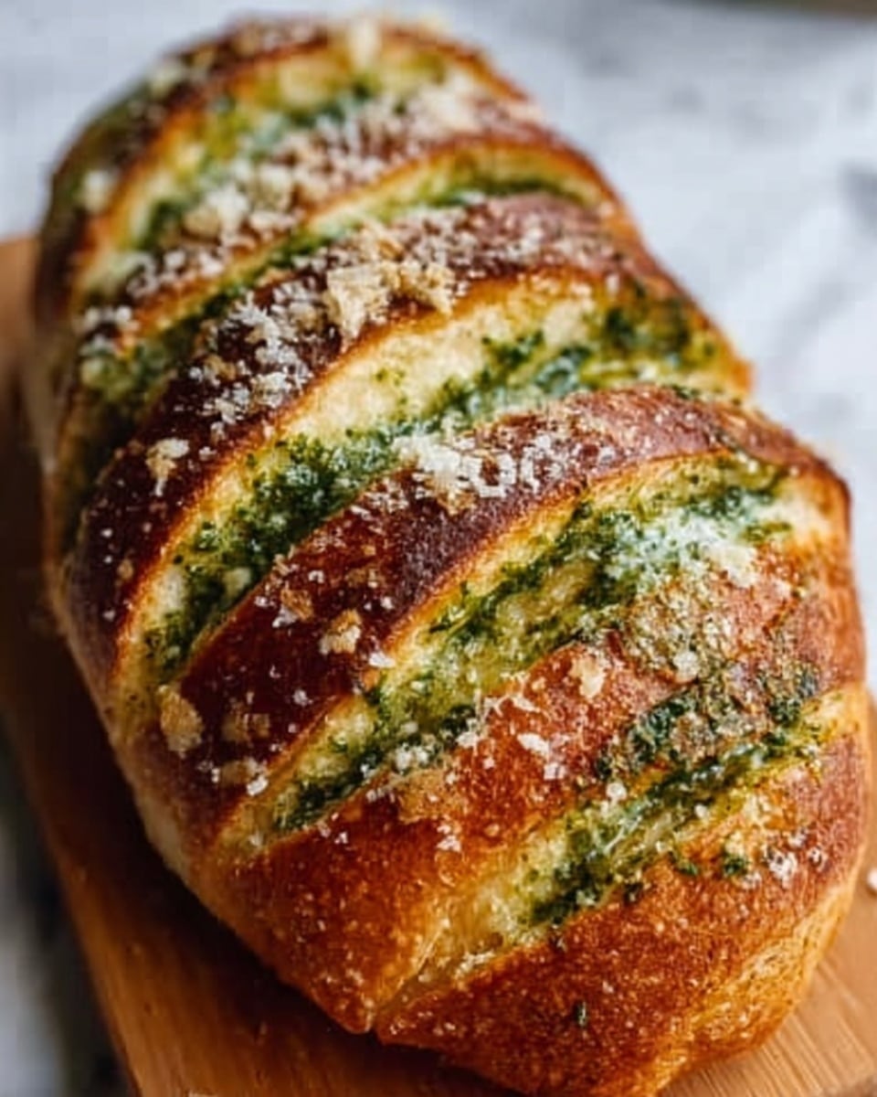 A close-up of a freshly baked loaf of bread placed on a wooden board, featuring five deep diagonal cuts across the top, each cut filled with a green herb mixture, likely pesto, that contrasts vividly with the golden-brown, crispy crust. The crust has a slightly rough texture with a light sprinkle of grated cheese or salt on top, adding a speckled white detail. The bread’s interior, seen just beneath the slices, is soft and airy with a pale cream color. The background is a white marbled surface. Photo taken with an iphone --ar 4:5 --v 7
