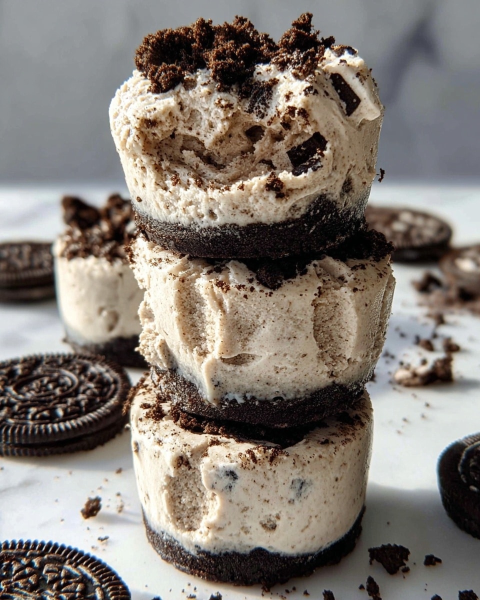 A stack of three small frozen desserts, each with two main layers: a bottom layer of dark chocolate cookie and a thick, creamy layer of light beige ice cream with visible cookie crumbs mixed in. The top ice cream layers are slightly melting, with rough texture and dark cookie crumbs sprinkled over them. The desserts are placed on a white marbled surface with a few whole and crushed dark chocolate cookies scattered around. Photo taken with an iphone --ar 4:5 --v 7