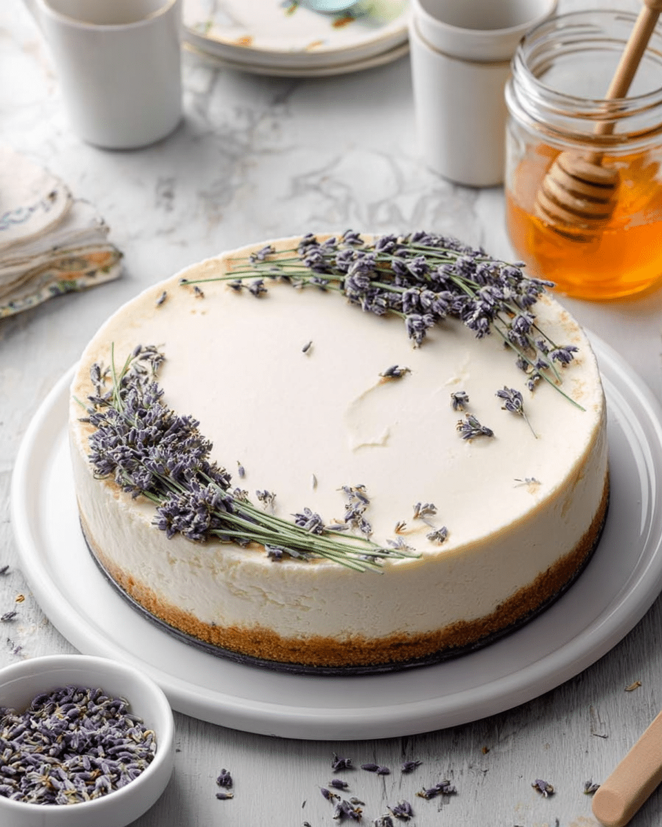 A round cheesecake with one visible layer sits on a white plate, featuring a smooth, creamy white top layer with a light golden-brown crust at the bottom. The top right side of the cheesecake is decorated with a small cluster of purple and green lavender sprigs, with scattered lavender buds extending slightly downward. The setting includes a white marbled surface beneath the plate, a jar of honey with a dipper on the right side, a small white bowl with more lavender buds in the foreground, and parts of two white cups in the background. photo taken with an iphone --ar 4:5 --v 7