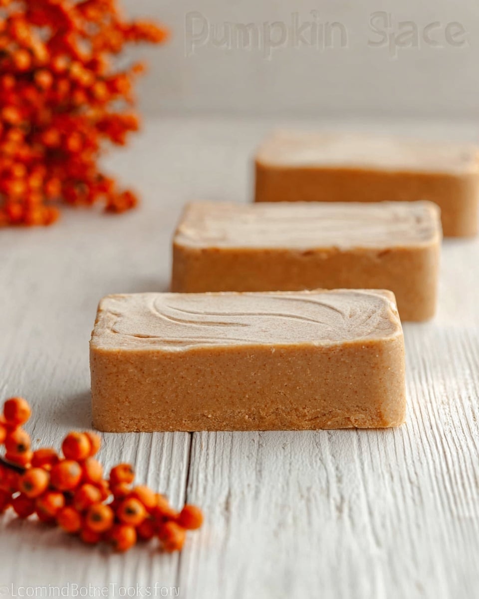 Three rectangular pumpkin spice bars are placed in a straight line on a white wooden surface. Each bar has a smooth, light brown top layer with subtle swirls and a soft, dense texture. The edges are clean and the sides show a slightly darker, moist filling inside. In the top left corner, orange pumpkin spice berries add a bright, decorative touch to the scene. photo taken with an iphone --ar 4:5 --v 7