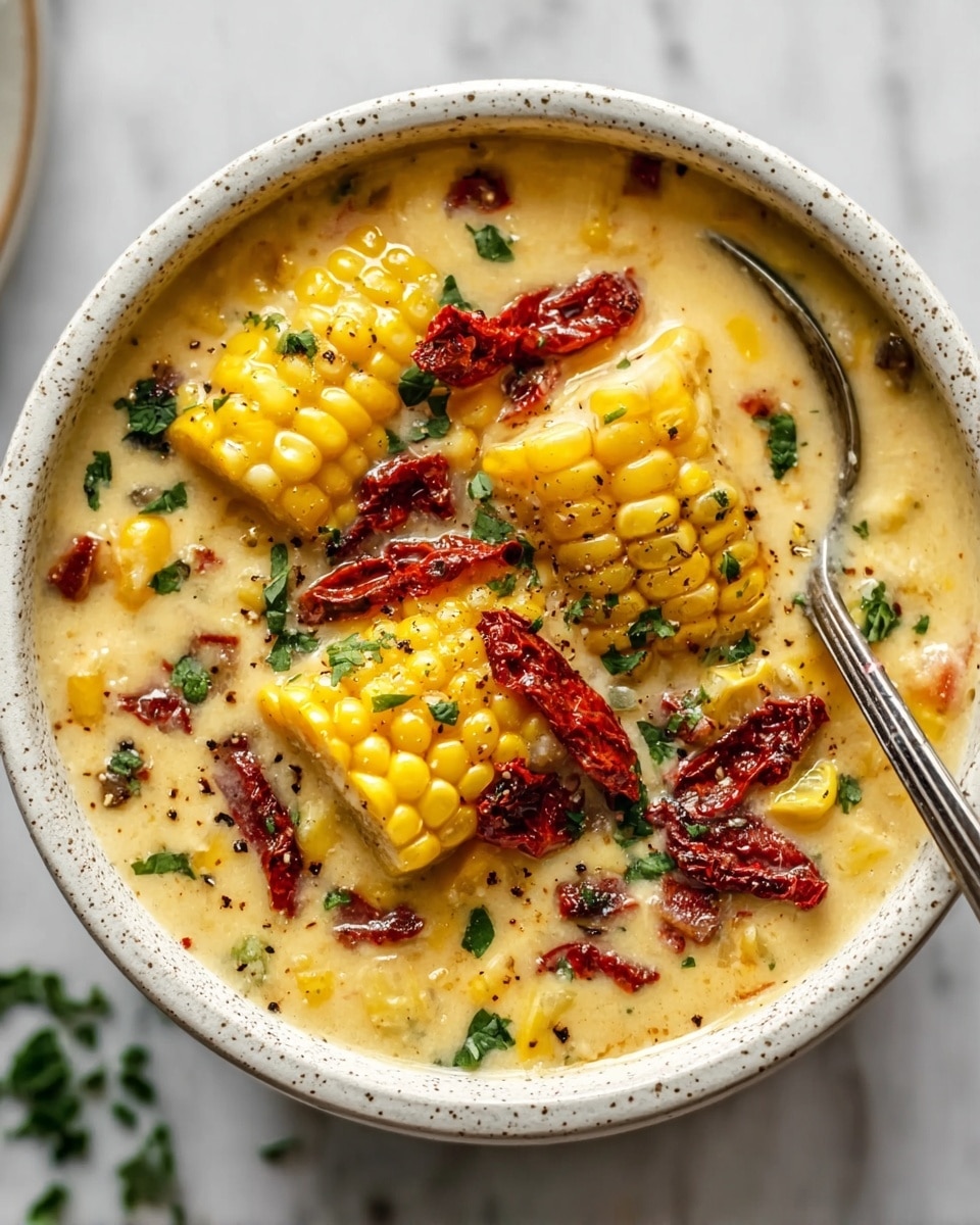 A white speckled bowl filled with creamy yellow corn chowder, showing several chunks of bright yellow corn on the cob and loose corn kernels floating in the soup. The chowder is topped with deep red sun-dried tomatoes and sprinkled with green chopped herbs and black pepper. There is a silver spoon resting inside the bowl on a white marbled surface. photo taken with an iphone --ar 4:5 --v 7